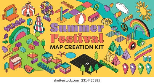 Summer Festival Isometric Map Creation Kit for Events, Fairs, Fetes, Festivals and Carnivals. 3D plan view in vector format.  - Shutterstock ID 2314425385
