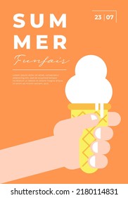 Summer Festival Minimal Trendy Vertical Poster With Ice Cream In Hand. Carnival Funfair Minimalistic Creative Design Flyer. Holiday Fun Fair Festive Simple Flat Vector Eps Greeting Card