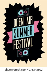 Summer festival open air poster. Retro typographical vector illustration.