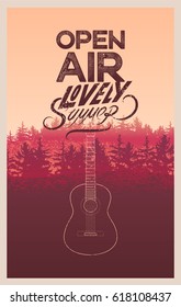 Summer festival open air poster with fir trees landscape. Retro grunge typographical vector illustration.
