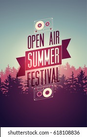 Summer festival open air typographical poster with fir trees landscape. Vector illustration.