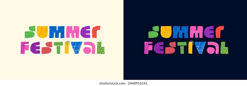 Summer festival party abstract decorative inscription concept. Modern colorful graphic shapes lettering for festive event. Summertime fest season trendy creative logo. Celebration badge isolated