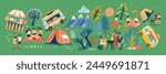 Summer festival, picnic and barbecue. Vector illustrations of park, nature, trees, resting walking people on weekends and holidays, family, camping tent, fair, bus stand selling burger, and popcorn