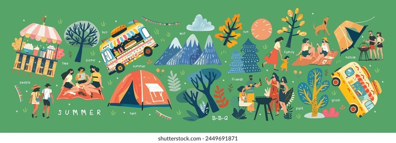 Summer festival, picnic and barbecue. Vector illustrations of park, nature, trees, resting walking people on weekends and holidays, family, camping tent, fair, bus stand selling burger, and popcorn