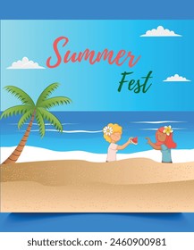 Summer Festival poster banner template for promotion with tropical fruits display triangular shape and beach background, with coconut tree.