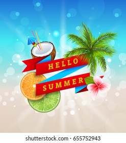 Summer Festival Poster Design with Coconut, Cocktail, Palm Tree Leaves, Slices of Orange and Lime. Banner Hello Summer - Illustration Vector