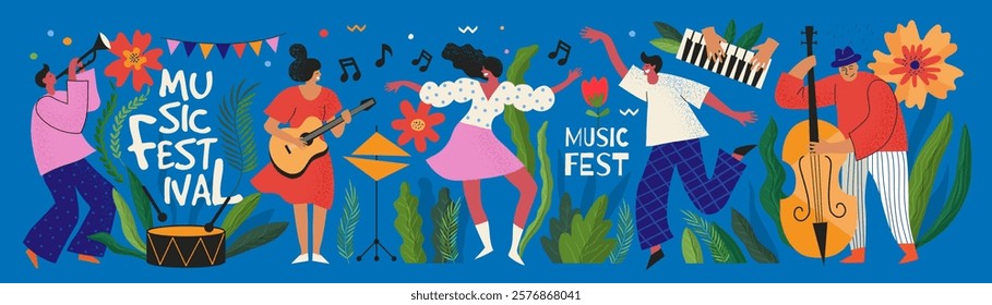 Summer festival poster. Music carnival. Dance party. Girl with guitar. Man dancer. Fest event. Nature in June. Abstract flowers. Holiday celebration. Happy people banner. Vector spring illustration