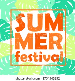 Summer festival, summer poster on palm leaves background, vector illustration, summer nature poster.