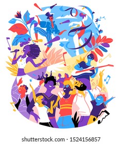 Summer festival poster. People having fun together celebrating special event, birthday party. Vector illustration 