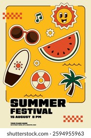 Summer festival poster template background. Cute cartoon sticker flat design style. Can be use for invitation, brochure, publication, print, banner, leaflet, flyer, book cover, vector illustration