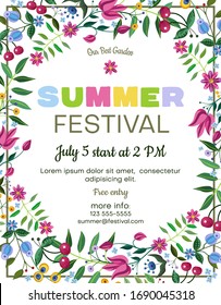 Summer Festival Poster Template With Fancy Flowers And Cherries In Folk Painting Style. Text Customized For Invitation. Party Layout With Botanical Arrangement. Vector Illustration.