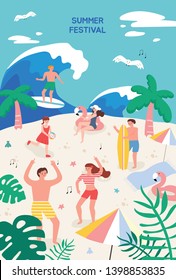 Summer Festival. Poster Template For Outdoor Festival. Flat Cartoon Colorful Vector Illustration.