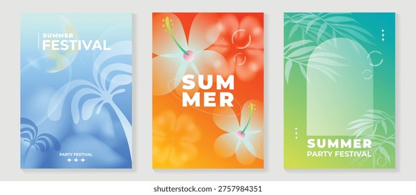 Summer festival poster vector set with tropical hibiscus flowers, palm leaves and soft gradient backgrounds. Colorful beach party collection for holiday flyer, seasonal promotion, wall art and social media design.