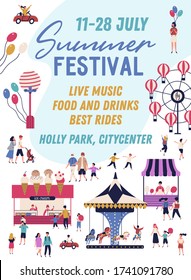 Summer festival promo poster in vector flat cartoon style. Announcement of family entertainment with place for text isolated on white. Illustration of outdoor recreation with various attractions