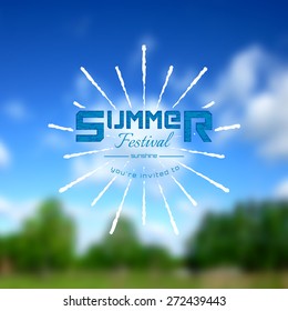 Summer festival realistic badge, creating a soft background of the sea, forest, sky