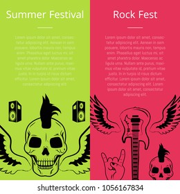 Summer festival & rock fest set of posters. Vector illustration of skull with mohawk haircut, small speakers, electric guitar, wings and sign of horns