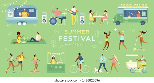 Summer festival. Set of characters. People have a good time time in nature. Musicians, friends, couples relax together. Vector template for web, poster, banner. Place for your text