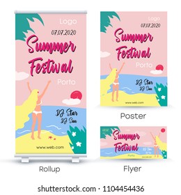 Summer Festival. A set of templates for printing products for the summer event. Roll up, poster, flyer, invitation. Summer party. Ocean. Sea. Vector illustration. Girl with long hair on the beach