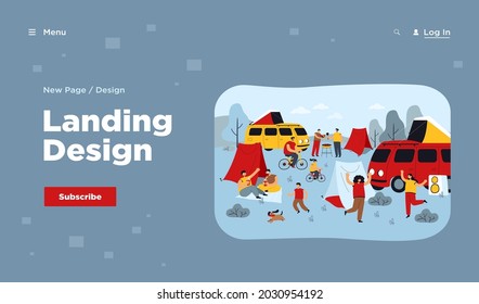 Summer festival and tourist group camping outdoor. Flat vector illustration. People enjoying nature in camp site with bonfire, caravans, cars, vans, trailers around. Vacation, nature, camping concept