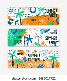 Summer festival vector banner templates set. Open air party invitation decorated with palm trees and tropical beach. Music fest tickets collection. Seasonal outdoor dance party, concert posters design