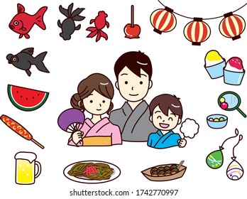 Summer festival vector illustration set. Happy family enjoying the festival