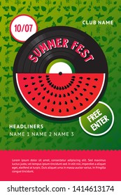 Summer festival vector poster. Club party invitation. Watermelon and vinyl record. Music party background.