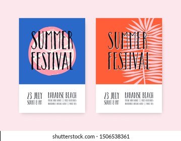Summer festival vector posters template. Summertime music fest, beach party placard with text space. Hand drawn lemon slice and palm leaf on blue, red background. Summer season event advertising.