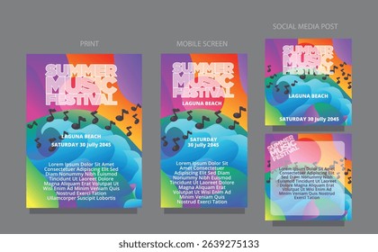 Summer Festival Vibes. Abstract Color Wave for Social and Print. fluid design template multiple platform for print, mobile screen and social media post vector illustration