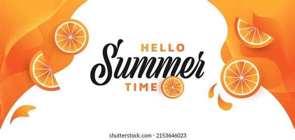 Fondo festivo de verano con naranjas realistas 3D. Fondo de verano para diseño de pancartas o afiches. Diseño de verano