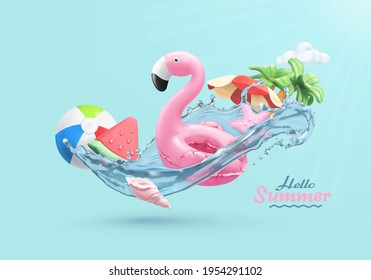 Summer festive background. 3d vector realistic illustration. Flamingo inflatable toy, watermelon, palm trees, shell, water splash