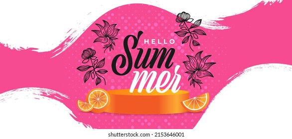 Summer Festive Background with Realistic Oranges on 3D Podium and Minimal Floral Illustration. Summer Time Background for Banner or Poster Design