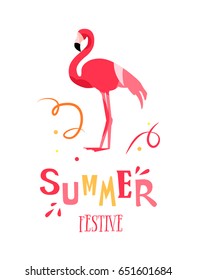 Summer festive card with cartoon letters, confetti and flamingo on white background. Flat design. Vector poster.