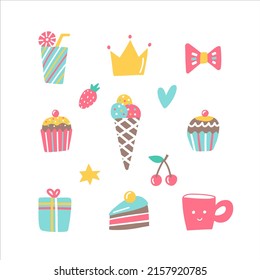 Summer festive clip art collection in hand drawn. Desserts, cupcakes with berries, sweets, ice cream isolated on white background. Vector illustration for greeting, party design, restaurant menu.