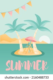 Summer festive postcard. Illustration of two palmas and sun chair with parasol on the island in the sea.