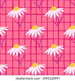 Flores de campo de verano sin fisuras con adornos decorativos de flores de margarita. Fondo rosado a cuadros. Diseñado para el diseño de tejidos, impresión textil, envoltura, cubierta. Ilustración vectorial.