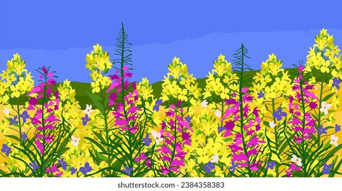 Summer field of flowers. Vector landscape.