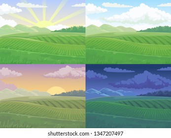 Summer field. Green hill, daytime fields landscape and spring hills. Morning sunrise horizon, field sunset or night lawn. Nature cartoon vector illustration background set