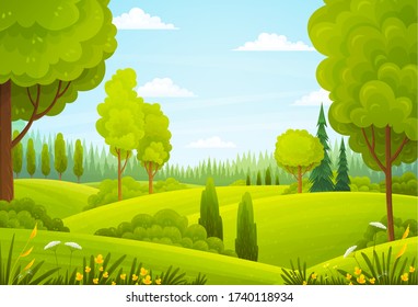 Paisaje de campo de verano. Antecedentes de la campiña italiana. Las colinas de la naturaleza arrojan nubes celulares azules y soleadas campiñas. Árbol verde en pradera y pasto en tierras rurales. Día soleado en el bosque. Vector de dibujos animados