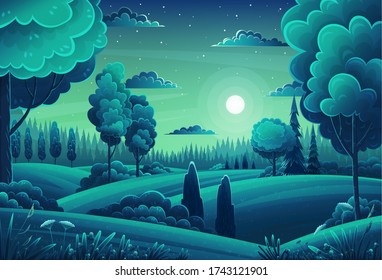 Summer field landscape. Background of Italian countryside. Nature hills fields night sky clouds and moon countryside. Green tree on meadow and grass rural land. Night in the forest. Cartoon vector