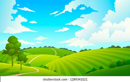 Summer Field Landscape. Nature Hills Fields Blue Sky Clouds Sun Countryside. Green Tree And Grass Rural Land. Cartoon Vector