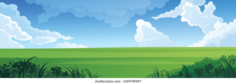 Summer field landscape. Nature panoramic background. Green hills, blue sky and white fluffy clouds.