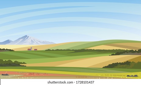 Summer Field Landscape. Vector Background With Green Hills, Blue Sky And Mountains. Farm Scene.