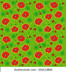 Summer field. Lawn. Vector flowers. Poppy field. Vector illustration. Poppy wallpaper. Blooming field. Vector wallpaper. Hearts. Spring vector. Glade. Floral meadow.