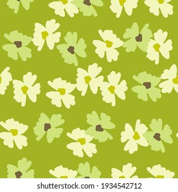 Sommerfeld nahtlose Muster mit Wiesen Blumen und Ornament. Grüner, heller Grashintergrund. Dekorativer Hintergrund für Stoffdesign, Stoffdruck, Umhüllung, Abdeckung. Vektorgrafik.