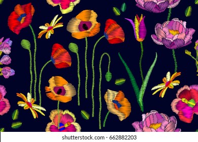 Summer field with wildflowers. Seamless vector pattern with chamomiles, tulips, red and yellow poppies. Botanical print with embroidered texture. Vintage motifs. Retro textile collection.