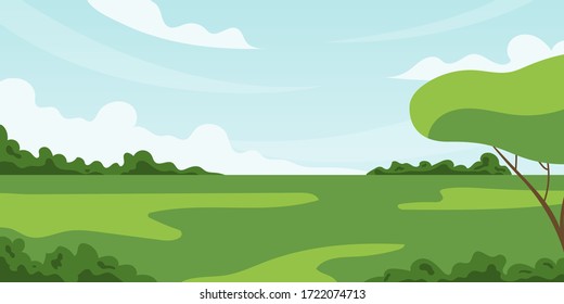 Summer fields landscape with blue sky and clouds. Vector background in flat cartoon style.