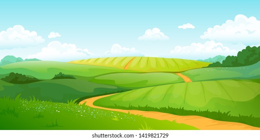 Summer fields landscape. Cartoon countryside valley with green hills blue sky and curly clouds. Vector rural nature horizon pasture view