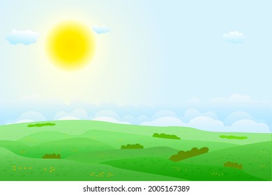 Summer fields landscape with green hills, bright color blue sky, sun and clouds. Lovely rural nature. Countryside view. Valley scenery. Agricultural land. Stock vector illustration