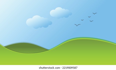 Summer fields landscape green hills blue sky clouds birds flying. Vector illustration.
