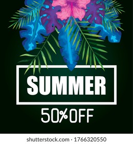 summer fifty percent off, banner with flowers and tropical leaves, exotic floral banner vector illustration design